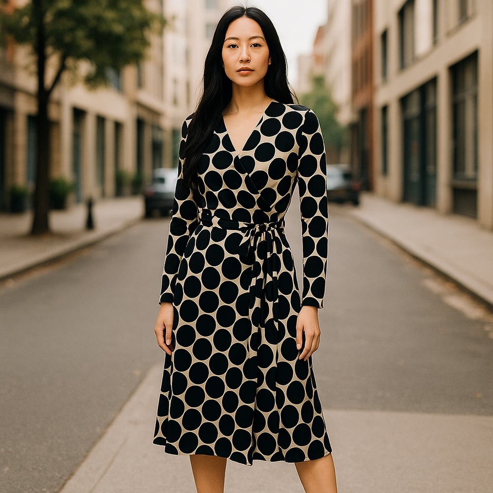 I.N.C. Black White Wrap Dress SZ PS Women Silk Sheath Polka Dots‎ Career Retro